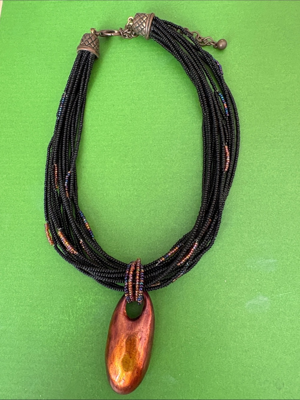 Chico's Black Beaded Multi-Strand Necklace with Copper Pendant